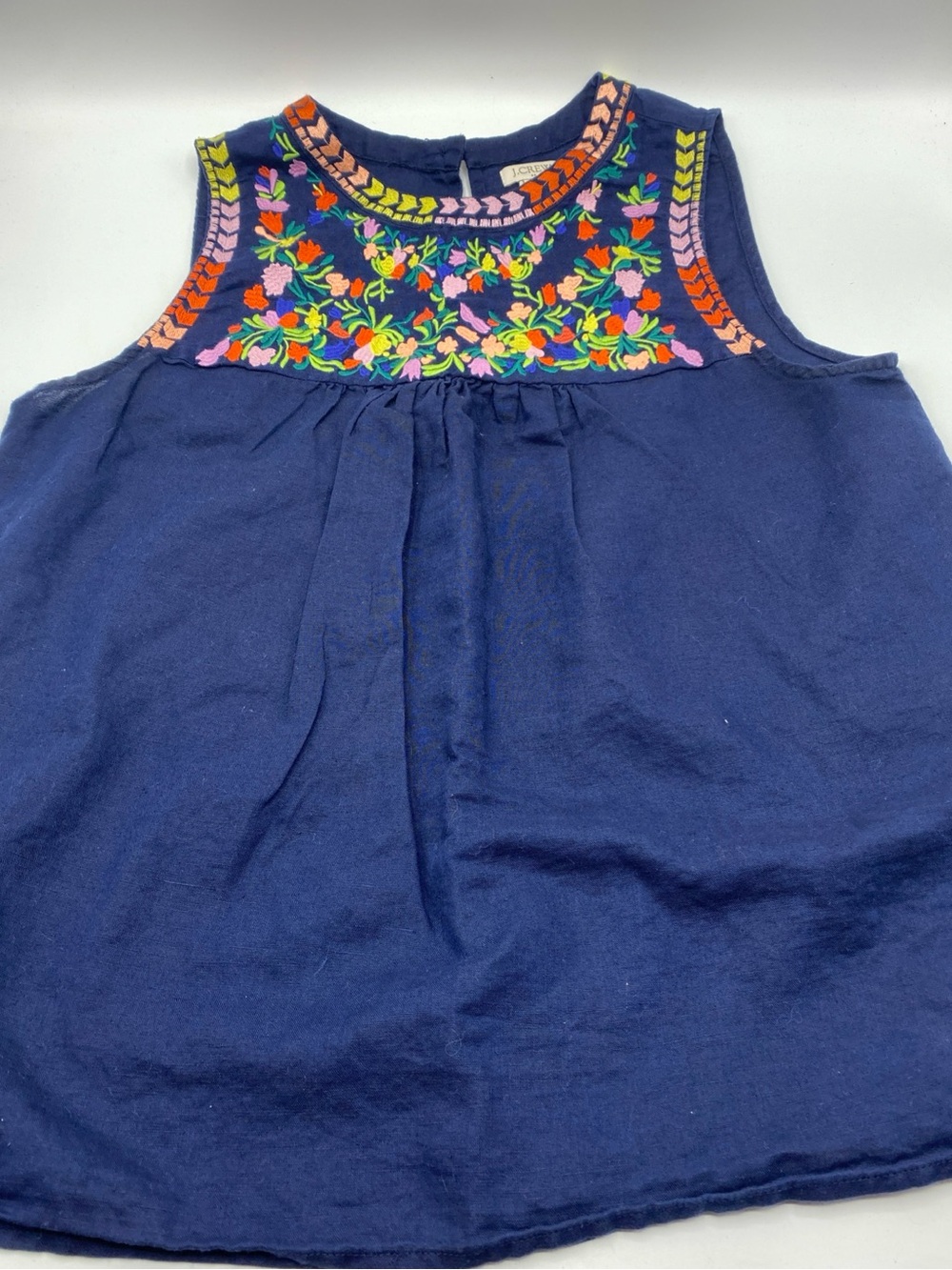 J.Crew Linen Blend L Navy Blue Embroidered Floral Sleeveless Top / Blouse Sz 6